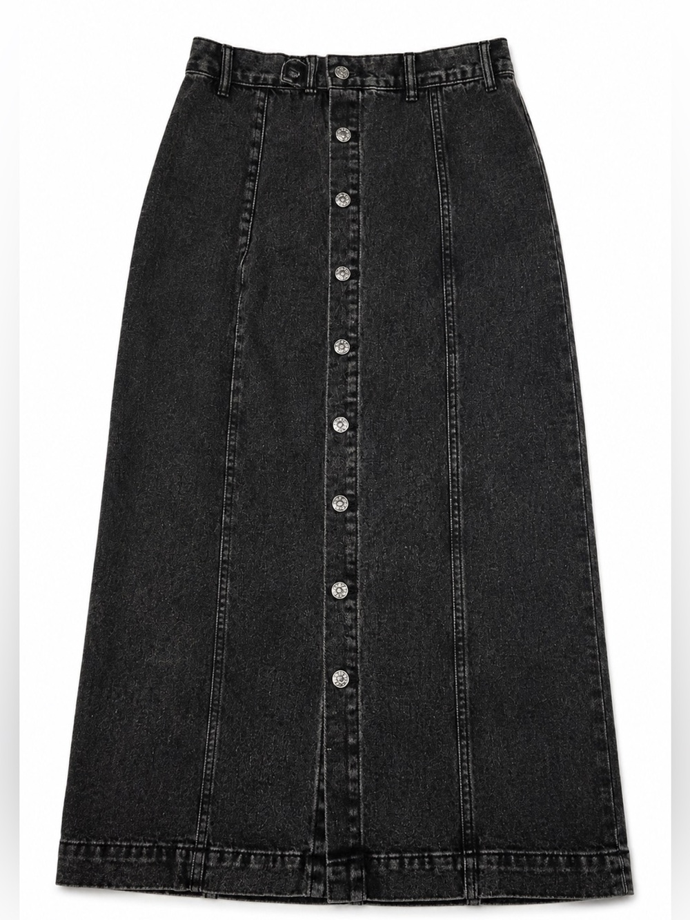 Button-Front Midi Denim Skirt — Black
